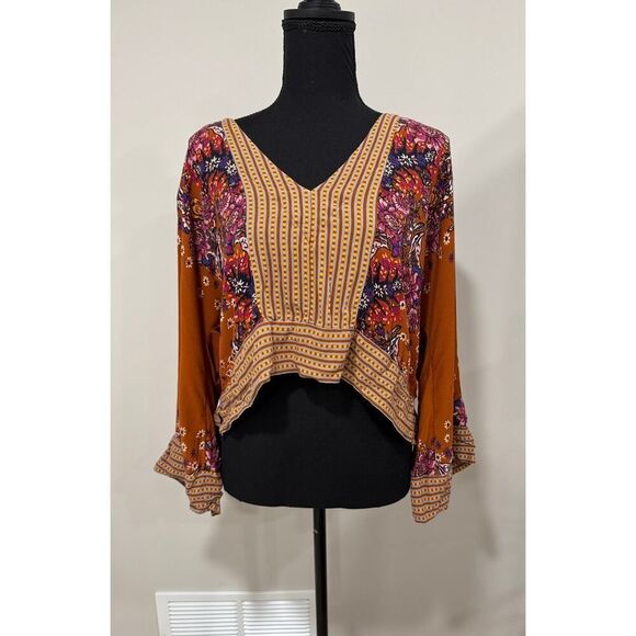 Boho Free People Mix N Match Floral Bell Sleeve Shirt Top Burnt Orange - Small - Picture 1 of 10